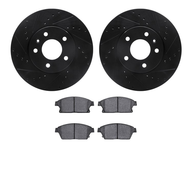 8502-46027 Drilled/Slotted Brake Rotors w/5000 Advanced Brake Pads Kit [Black], 2013-2019 GM, Position: Front