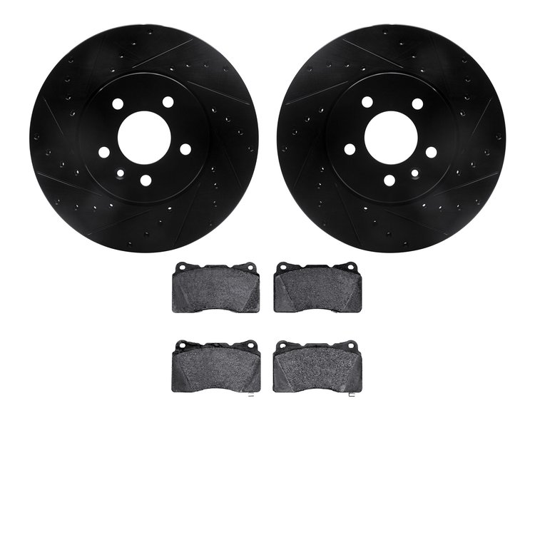 8502-46029 Drilled/Slotted Brake Rotors w/5000 Advanced Brake Pads Kit [Black], 2013-2019 GM, Position: Front
