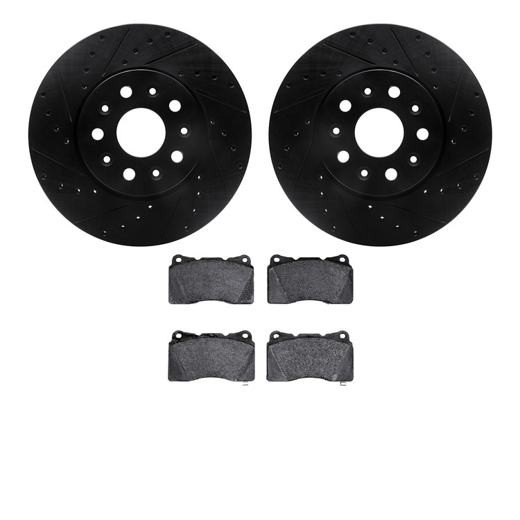 8502-46037 Drilled/Slotted Brake Rotors w/5000 Advanced Brake Pads Kit [Black], 2014-2019 GM, Position: Front
