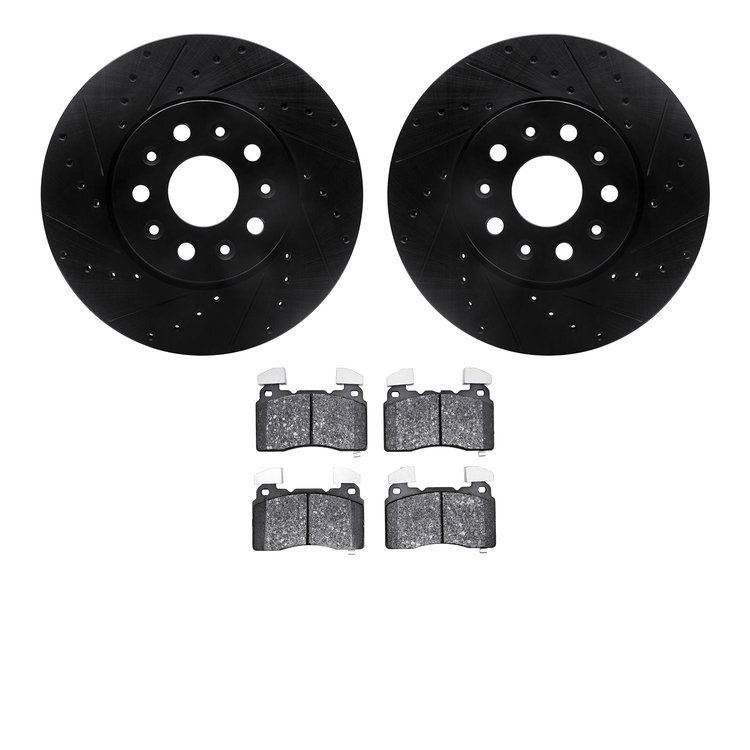 8502-46038 Drilled/Slotted Brake Rotors w/5000 Advanced Brake Pads Kit [Black], 2016-2019 GM, Position: Front