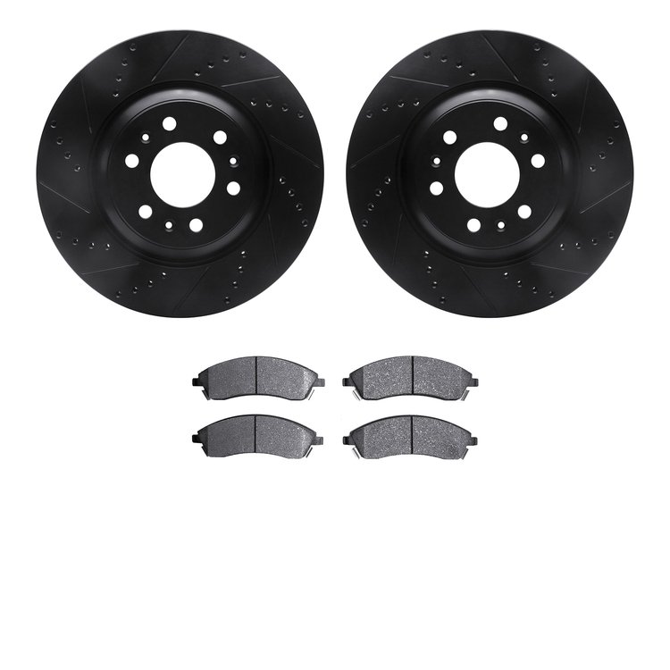 8502-46047 Drilled/Slotted Brake Rotors w/5000 Advanced Brake Pads Kit [Black], 2004-2009 GM, Position: Front