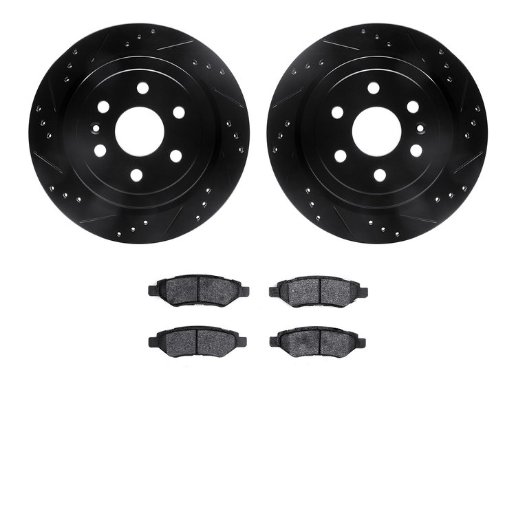 8502-46049 Drilled/Slotted Brake Rotors w/5000 Advanced Brake Pads Kit [Black], 2010-2016 GM, Position: Rear