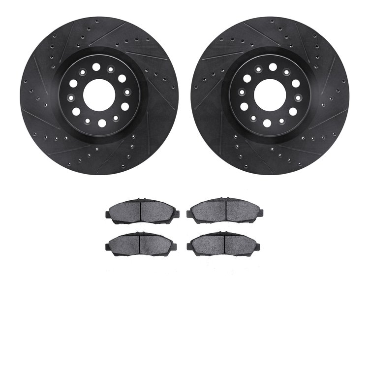 8502-46057 Drilled/Slotted Brake Rotors w/5000 Advanced Brake Pads Kit [Black], 2017-2020 GM, Position: Front