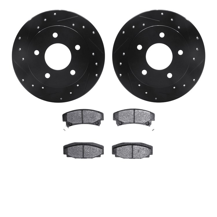 8502-46070 Drilled/Slotted Brake Rotors w/5000 Advanced Brake Pads Kit [Black], 1986-1992 GM, Position: Rear