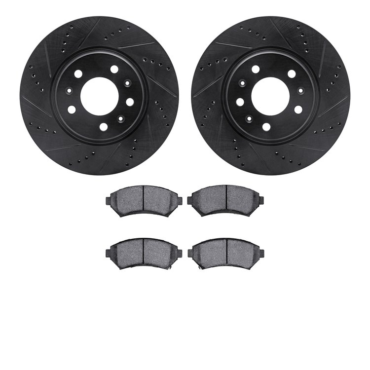 8502-46108 Drilled/Slotted Brake Rotors w/5000 Advanced Brake Pads Kit [Black], 2004-2004 GM, Position: Front