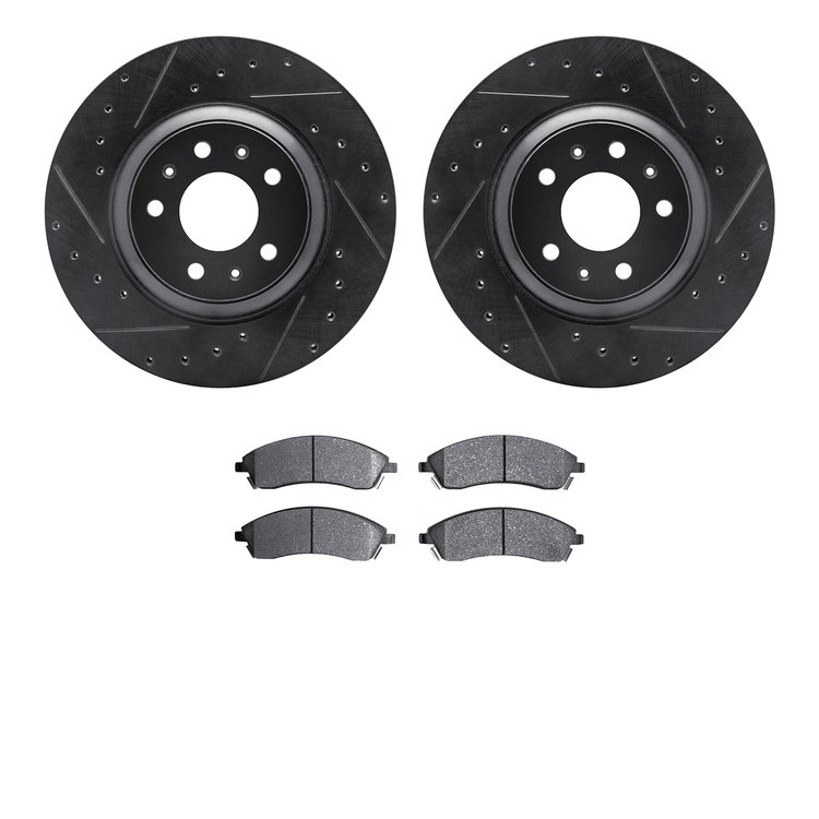 8502-46139 Drilled/Slotted Brake Rotors w/5000 Advanced Brake Pads Kit [Black], 2004-2005 GM, Position: Front