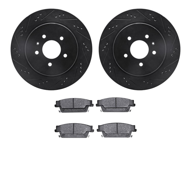 8502-46157 Drilled/Slotted Brake Rotors w/5000 Advanced Brake Pads Kit [Black], 2005-2011 GM, Position: Rear