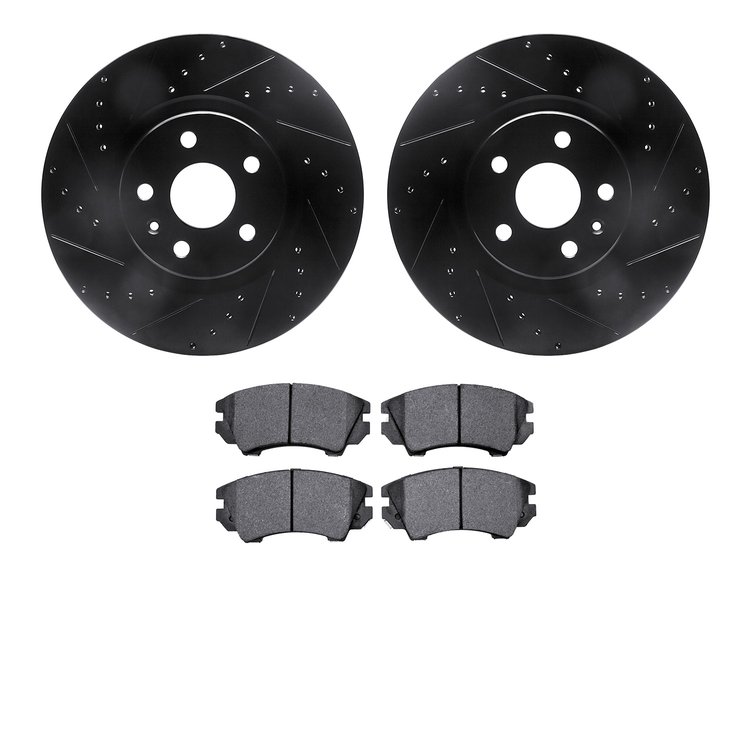8502-46193 Drilled/Slotted Brake Rotors w/5000 Advanced Brake Pads Kit [Black], 2011-2017 GM, Position: Front