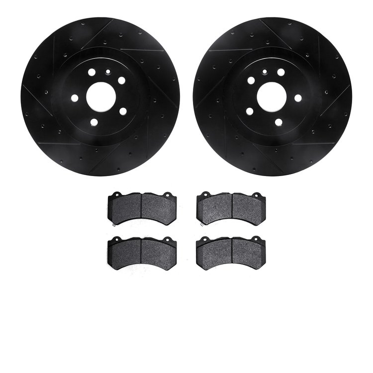 8502-46203 Drilled/Slotted Brake Rotors w/5000 Advanced Brake Pads Kit [Black], 2009-2015 GM, Position: Front