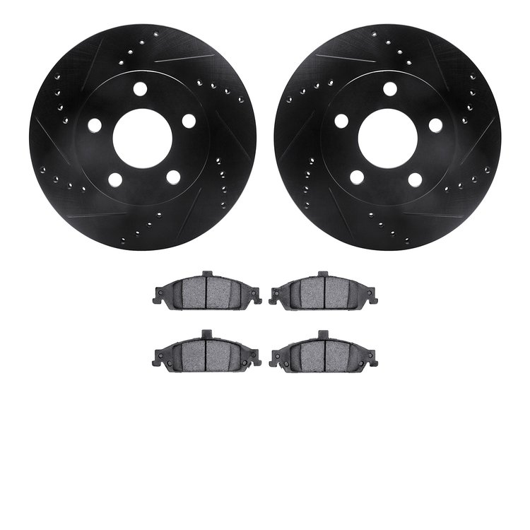 8502-47012 Drilled/Slotted Brake Rotors w/5000 Advanced Brake Pads Kit [Black], 1997-2005 GM, Position: Front