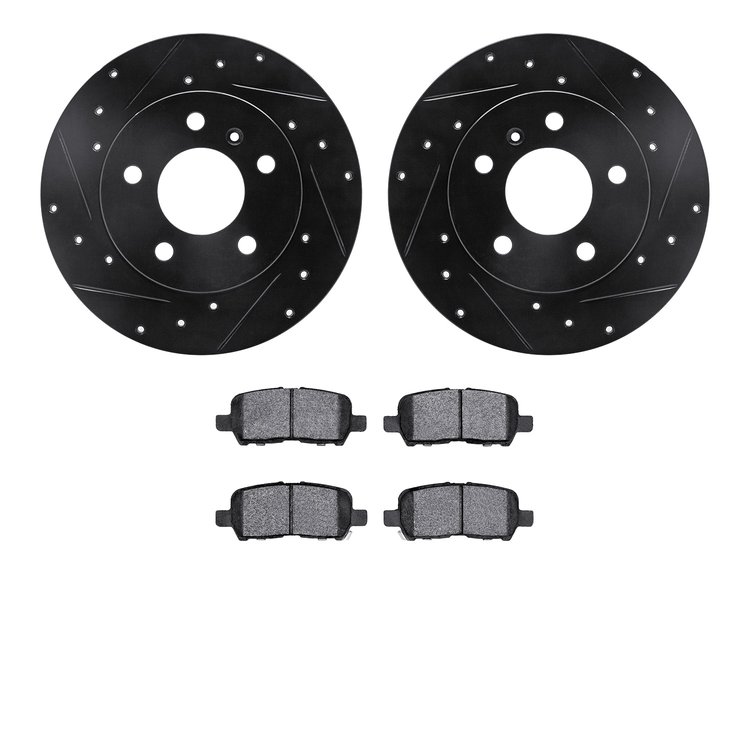 8502-47021 Drilled/Slotted Brake Rotors w/5000 Advanced Brake Pads Kit [Black], 2004-2016 GM, Position: Rear
