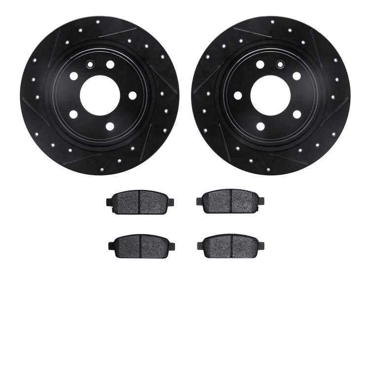 8502-47024 Drilled/Slotted Brake Rotors w/5000 Advanced Brake Pads Kit [Black], 2011-2019 GM, Position: Rear