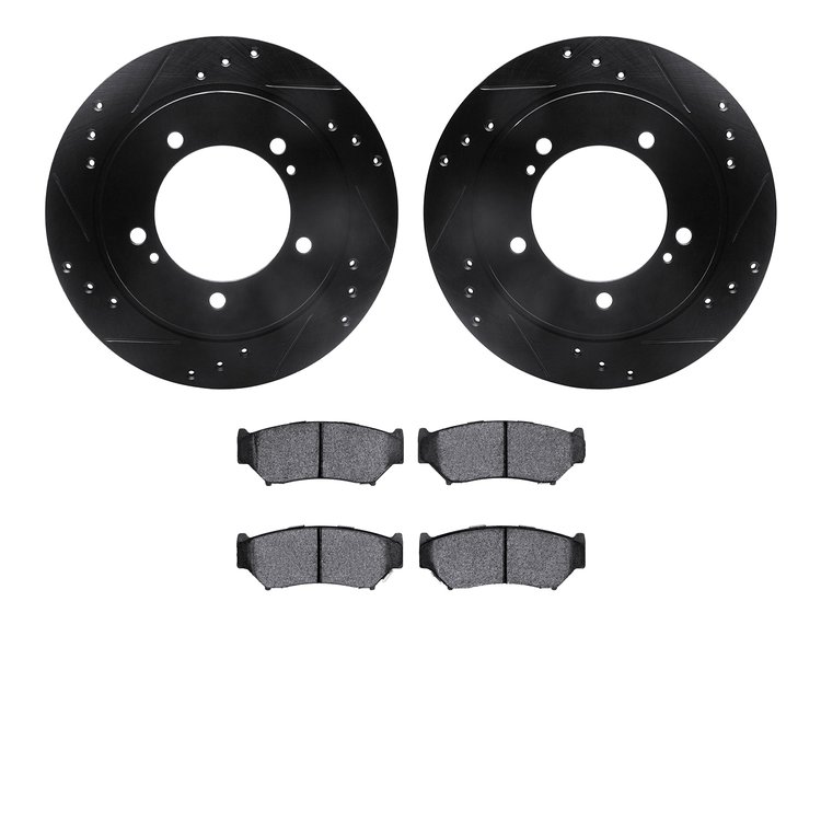 8502-47039 Drilled/Slotted Brake Rotors w/5000 Advanced Brake Pads Kit [Black], 1999-2004 Multiple Makes/Models, Position: Front