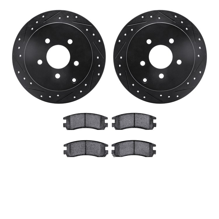 8502-47043 Drilled/Slotted Brake Rotors w/5000 Advanced Brake Pads Kit [Black], 2001-2007 GM, Position: Rear