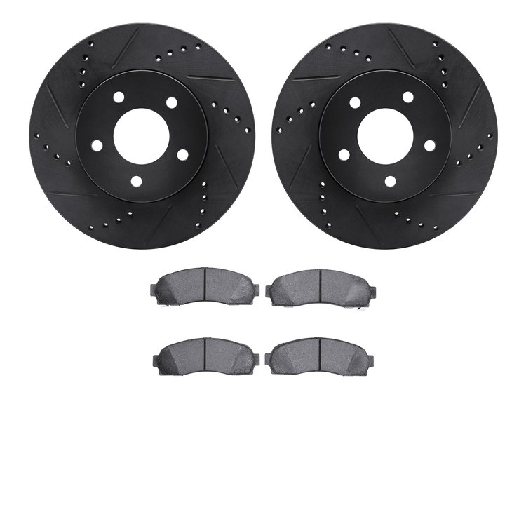 8502-47046 Drilled/Slotted Brake Rotors w/5000 Advanced Brake Pads Kit [Black], 2002-2007 GM, Position: Front