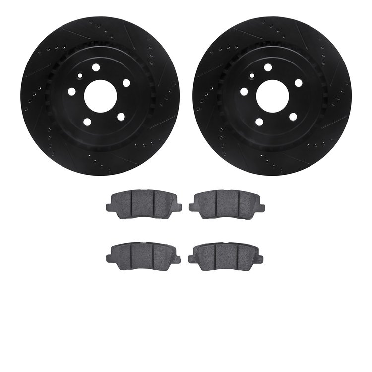 8502-47048 Drilled/Slotted Brake Rotors w/5000 Advanced Brake Pads Kit [Black], 2015-2019 GM, Position: Rear
