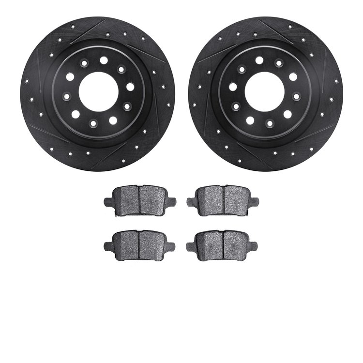 8502-47049 Drilled/Slotted Brake Rotors w/5000 Advanced Brake Pads Kit [Black], 2016-2020 GM, Position: Rear