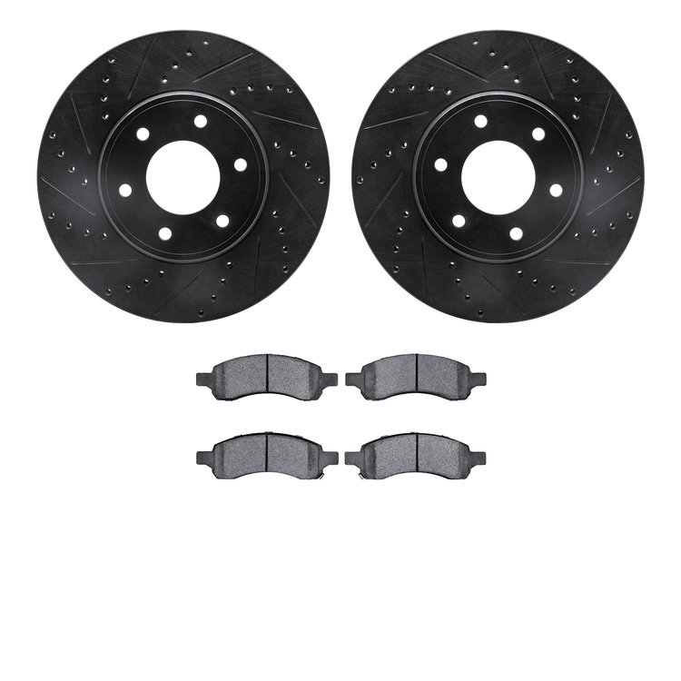 8502-47057 Drilled/Slotted Brake Rotors w/5000 Advanced Brake Pads Kit [Black], 2006-2009 GM, Position: Front