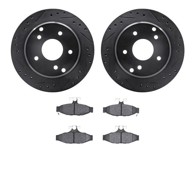 8502-47076 Drilled/Slotted Brake Rotors w/5000 Advanced Brake Pads Kit [Black], 1984-1987 GM, Position: Rear