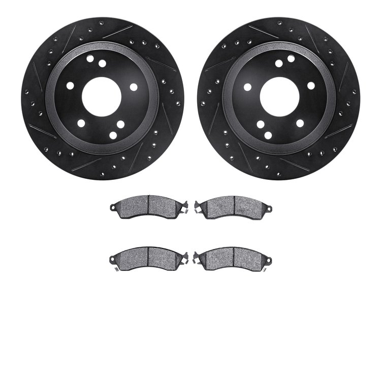 8502-47091 Drilled/Slotted Brake Rotors w/5000 Advanced Brake Pads Kit [Black], 1988-1994 GM, Position: Front