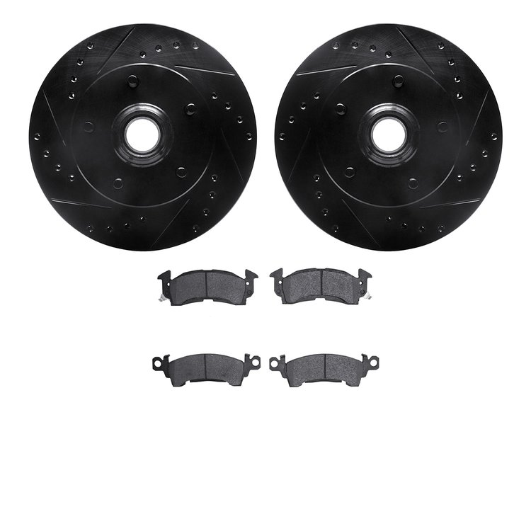 8502-47095 Drilled/Slotted Brake Rotors w/5000 Advanced Brake Pads Kit [Black], 1969-1974 GM, Position: Front