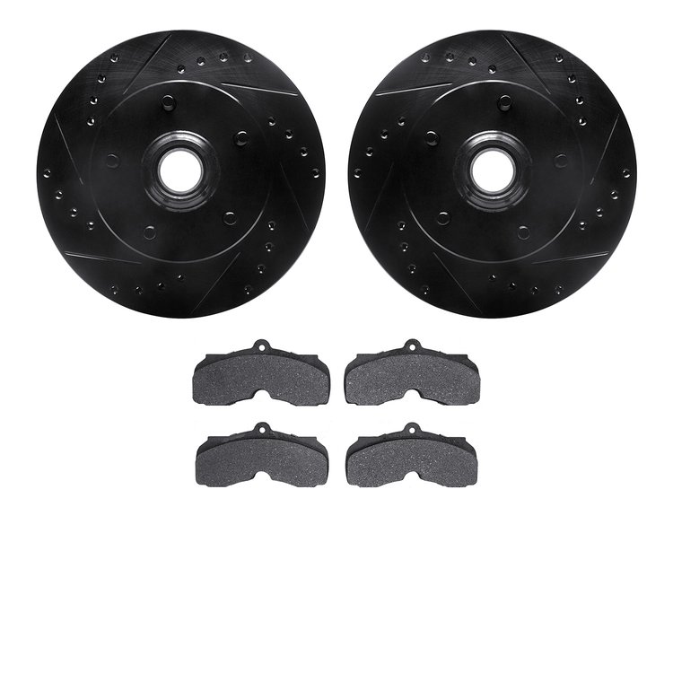 8502-47096 Drilled/Slotted Brake Rotors w/5000 Advanced Brake Pads Kit [Black], 1967-1968 GM, Position: Front