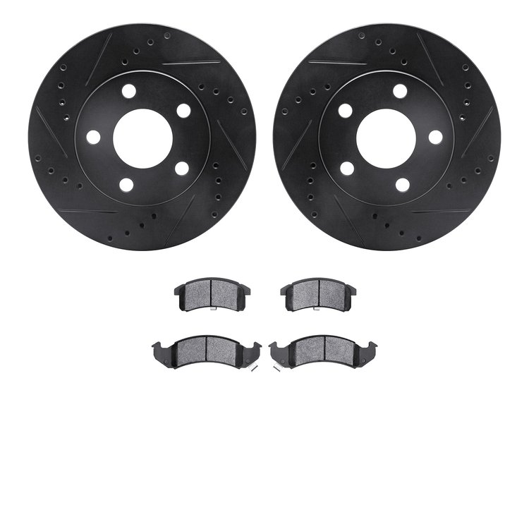 8502-47103 Drilled/Slotted Brake Rotors w/5000 Advanced Brake Pads Kit [Black], 1994-1997 GM, Position: Front