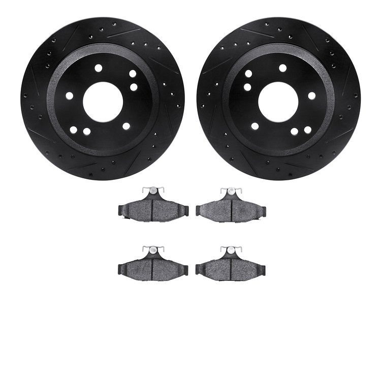 8502-47149 Drilled/Slotted Brake Rotors w/5000 Advanced Brake Pads Kit [Black], 1988-1996 GM, Position: Rear