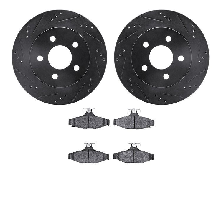 8502-47152 Drilled/Slotted Brake Rotors w/5000 Advanced Brake Pads Kit [Black], 1993-1997 GM, Position: Rear