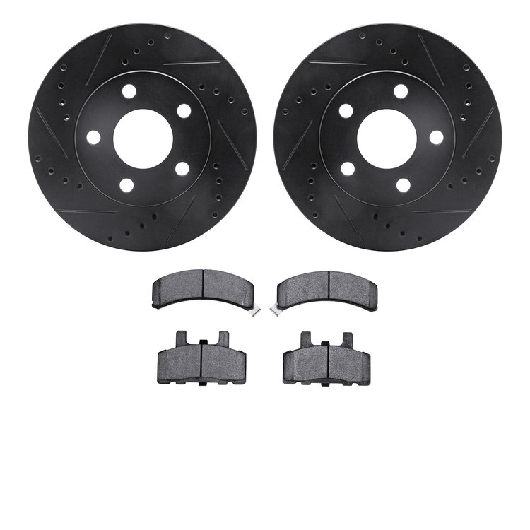 8502-47155 Drilled/Slotted Brake Rotors w/5000 Advanced Brake Pads Kit [Black], 1990-1993 GM, Position: Front