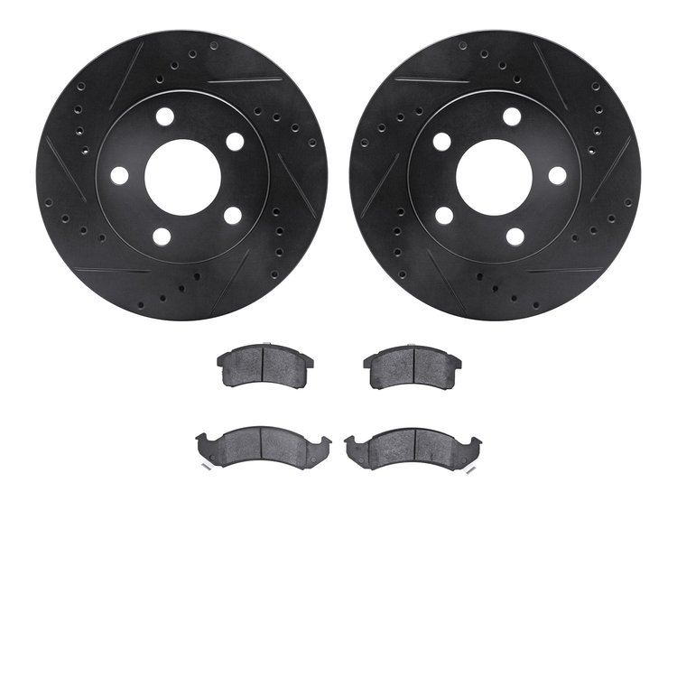 8502-47157 Drilled/Slotted Brake Rotors w/5000 Advanced Brake Pads Kit [Black], 1991-1993 GM, Position: Front