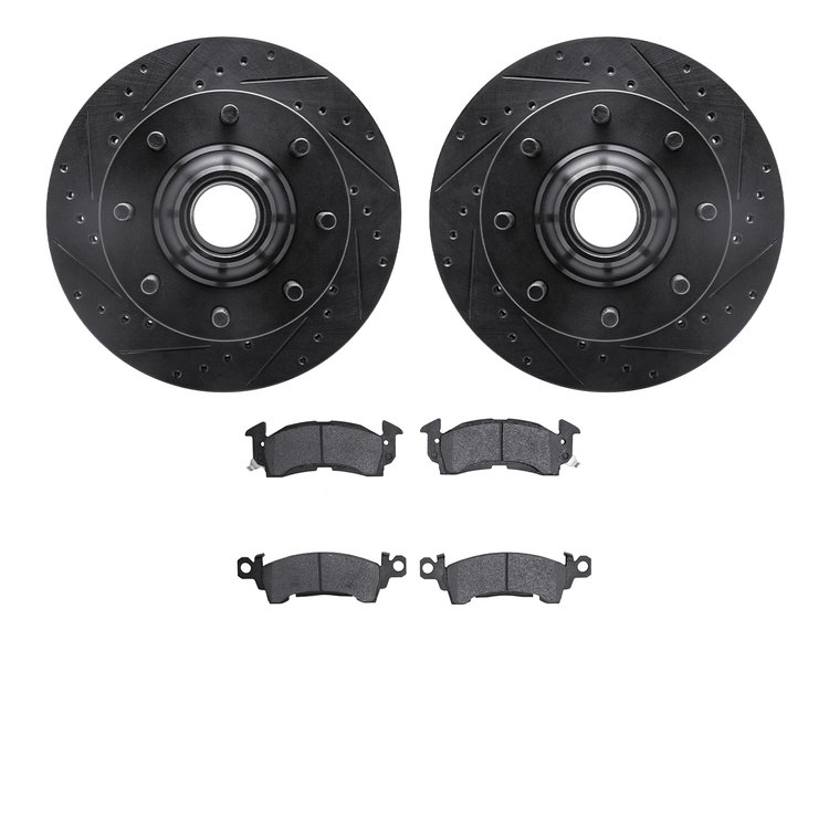 8502-48002 Drilled/Slotted Brake Rotors w/5000 Advanced Brake Pads Kit [Black], 1971-1989 GM, Position: Front