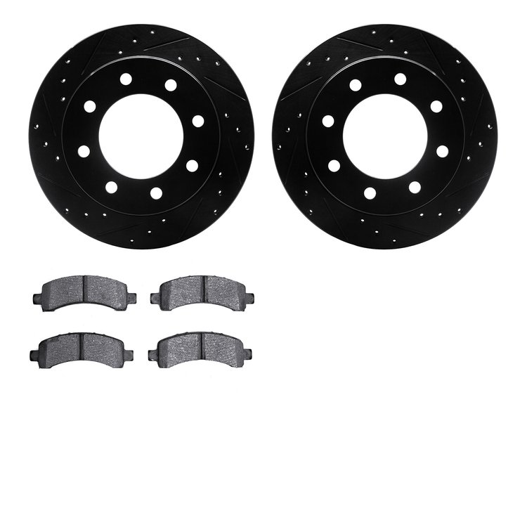 8502-48005 Drilled/Slotted Brake Rotors w/5000 Advanced Brake Pads Kit [Black], 2018-2020 GM, Position: Rear
