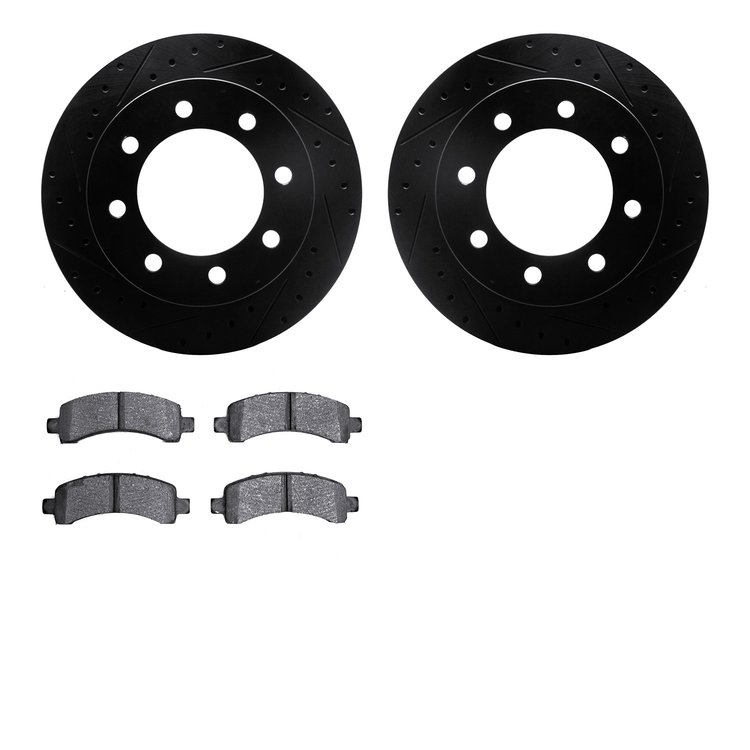 8502-48007 Drilled/Slotted Brake Rotors w/5000 Advanced Brake Pads Kit [Black], 2018-2020 GM, Position: Rear