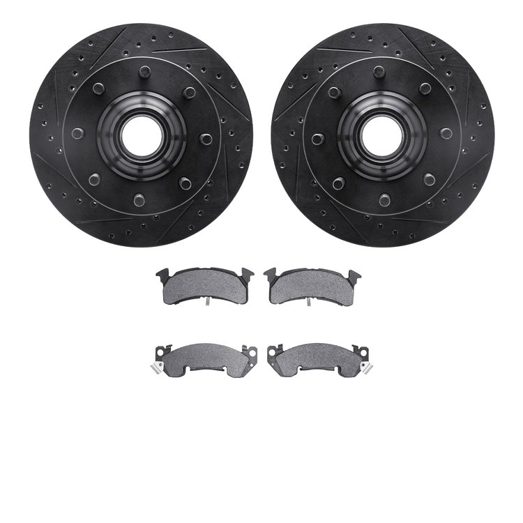 8502-48010 Drilled/Slotted Brake Rotors w/5000 Advanced Brake Pads Kit [Black], 1978-1993 GM, Position: Front