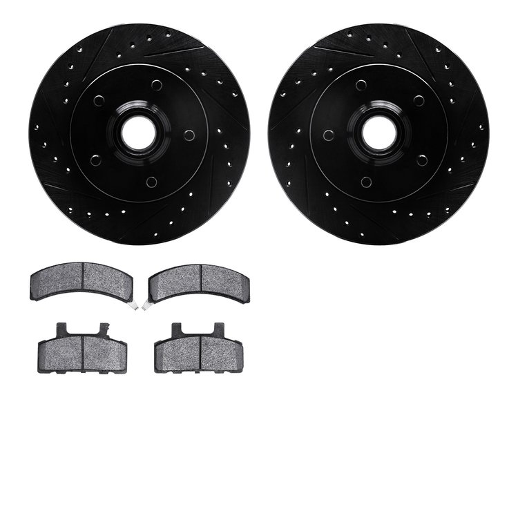 8502-48018 Drilled/Slotted Brake Rotors w/5000 Advanced Brake Pads Kit [Black], 1988-1991 GM, Position: Front