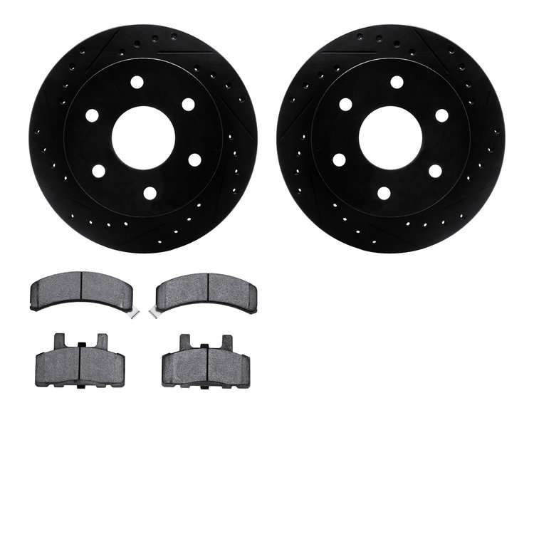 8502-48019 Drilled/Slotted Brake Rotors w/5000 Advanced Brake Pads Kit [Black], 1988-2000 GM, Position: Front