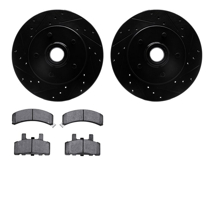 8502-48020 Drilled/Slotted Brake Rotors w/5000 Advanced Brake Pads Kit [Black], 1990-1994 GM, Position: Front
