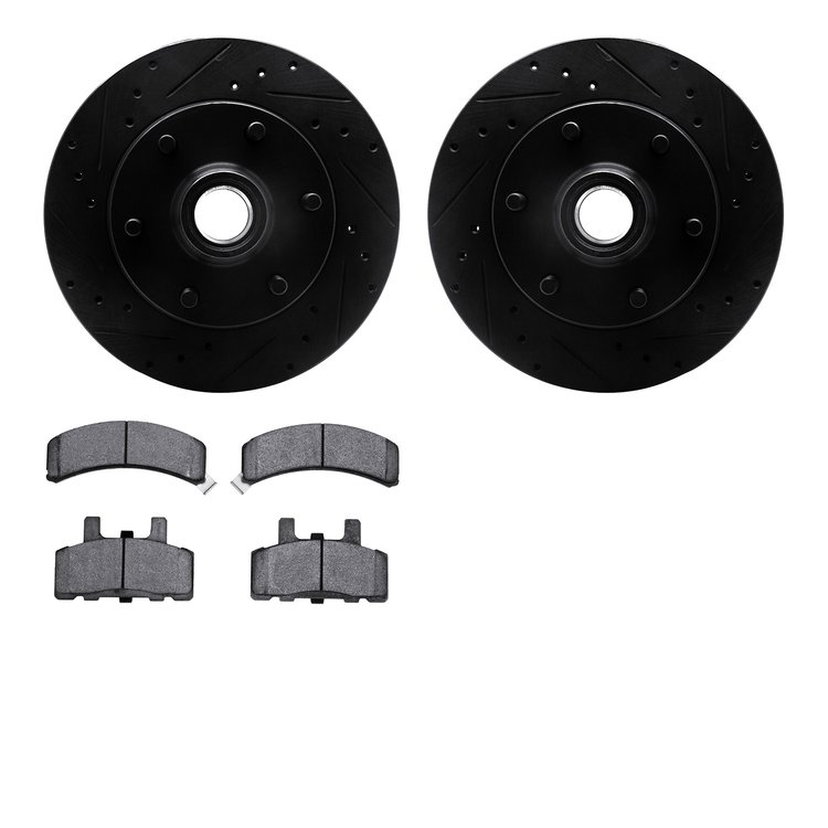 8502-48021 Drilled/Slotted Brake Rotors w/5000 Advanced Brake Pads Kit [Black], 1990-1996 GM, Position: Front