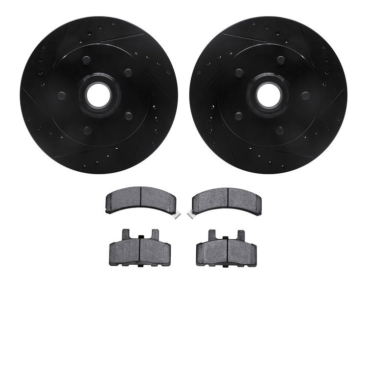 8502-48023 Drilled/Slotted Brake Rotors w/5000 Advanced Brake Pads Kit [Black], 1992-2002 GM, Position: Front