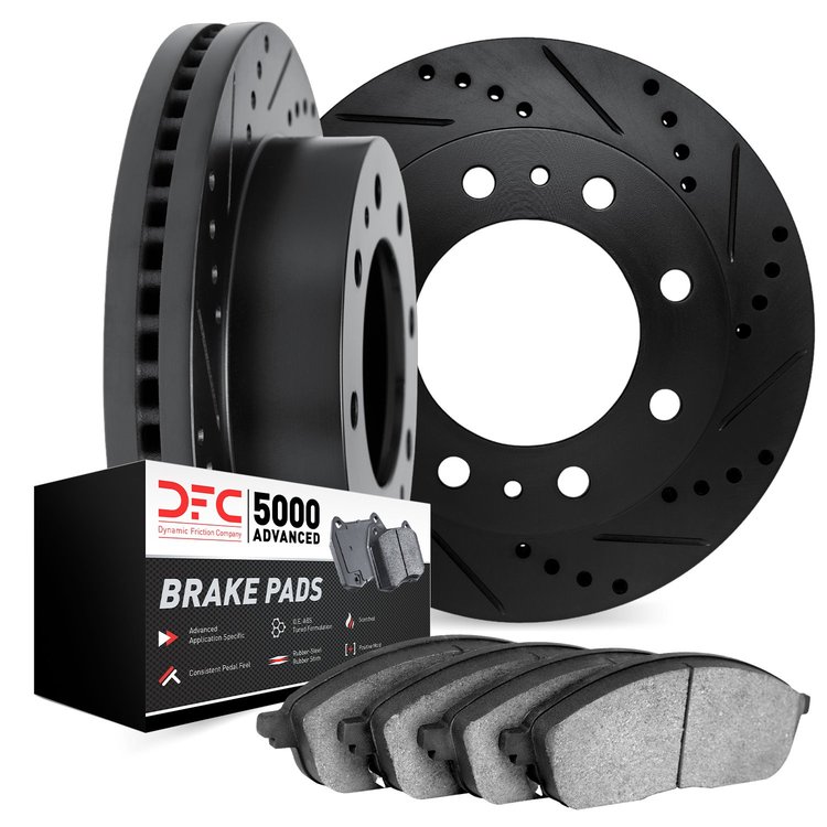 8502-48029 Drilled/Slotted Brake Rotors w/5000 Advanced Brake Pads Kit [Black], 1977-1993 Multiple Makes/Models, Position: Front