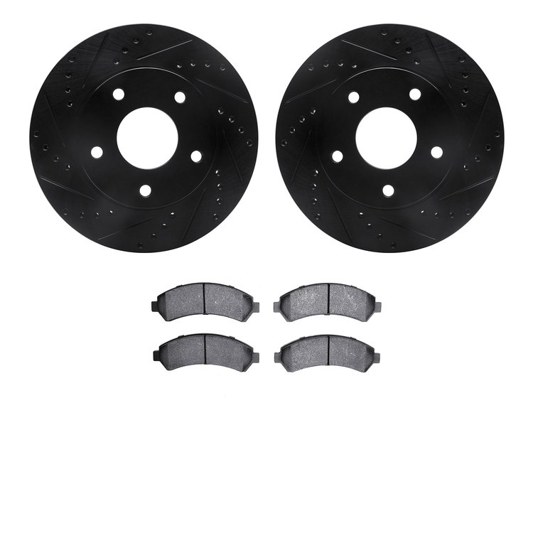 8502-48033 Drilled/Slotted Brake Rotors w/5000 Advanced Brake Pads Kit [Black], 1997-2005 GM, Position: Front
