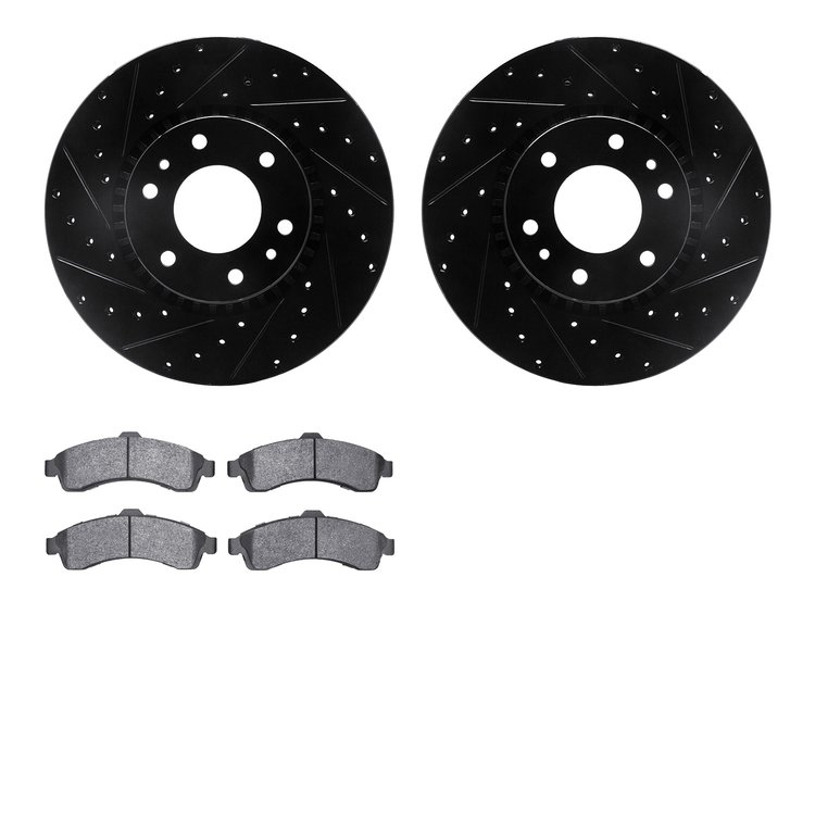 8502-48047 Drilled/Slotted Brake Rotors w/5000 Advanced Brake Pads Kit [Black], 2002-2005 GM, Position: Front