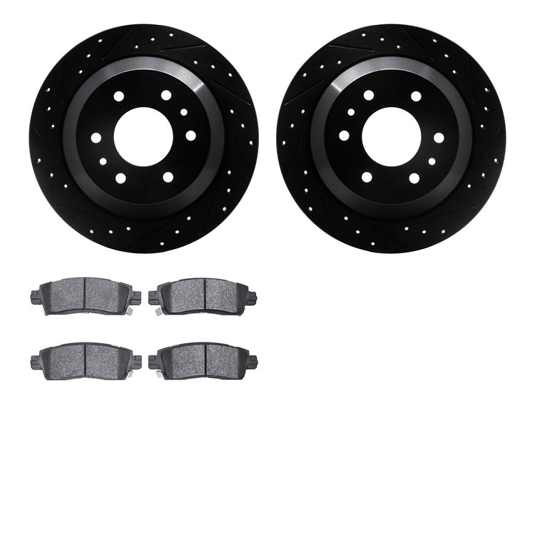 8502-48048 Drilled/Slotted Brake Rotors w/5000 Advanced Brake Pads Kit [Black], 2002-2009 GM, Position: Rear