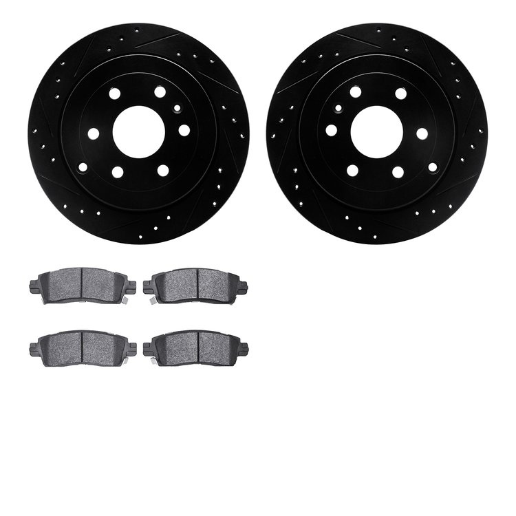 8502-48049 Drilled/Slotted Brake Rotors w/5000 Advanced Brake Pads Kit [Black], 2007-2017 GM, Position: Rear