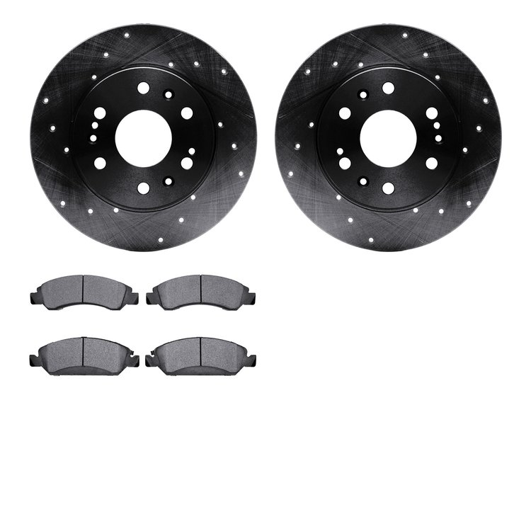 8502-48065 Drilled/Slotted Brake Rotors w/5000 Advanced Brake Pads Kit [Black], 2005-2020 GM, Position: Front