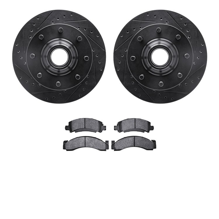 8502-48093 Drilled/Slotted Brake Rotors w/5000 Advanced Brake Pads Kit [Black], 1994-1995 GM, Position: Front