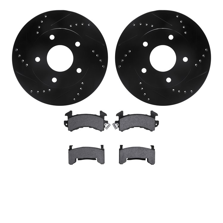 8502-48102 Drilled/Slotted Brake Rotors w/5000 Advanced Brake Pads Kit [Black], 1979-1998 GM, Position: Front