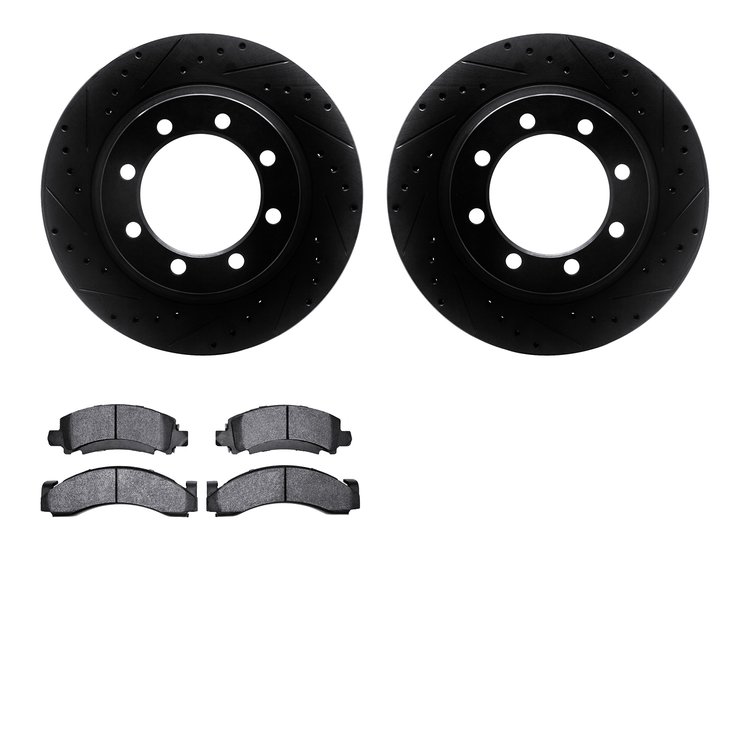 8502-48144 Drilled/Slotted Brake Rotors w/5000 Advanced Brake Pads Kit [Black], 1976-1996 GM, Position: Front