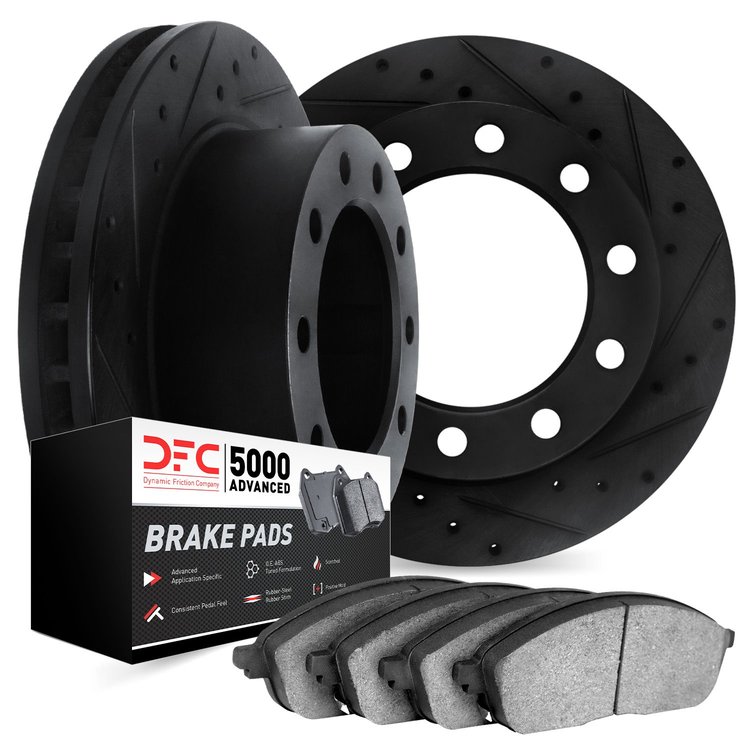 8502-48156 Drilled/Slotted Brake Rotors w/5000 Advanced Brake Pads Kit [Black], 1976-2005 Multiple Makes/Models, Position: Rear,